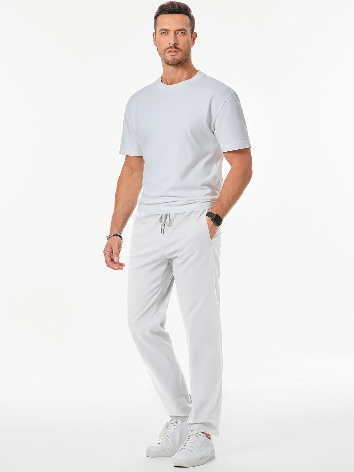 Men's Casual Pants Cotton Twill Drawstring Elastic Waist Chino Pants with Pockets