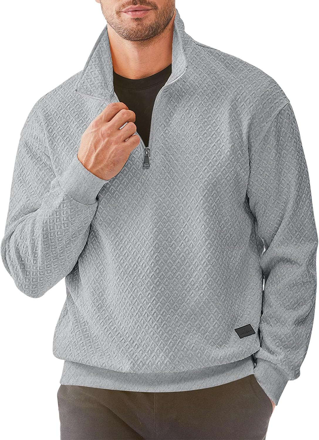 Men's Quarter Zip Waffle Sweatshirts Casual Long Sleeve Solid Color Geometric Texture Pullover Knit Polo Sweatshirt