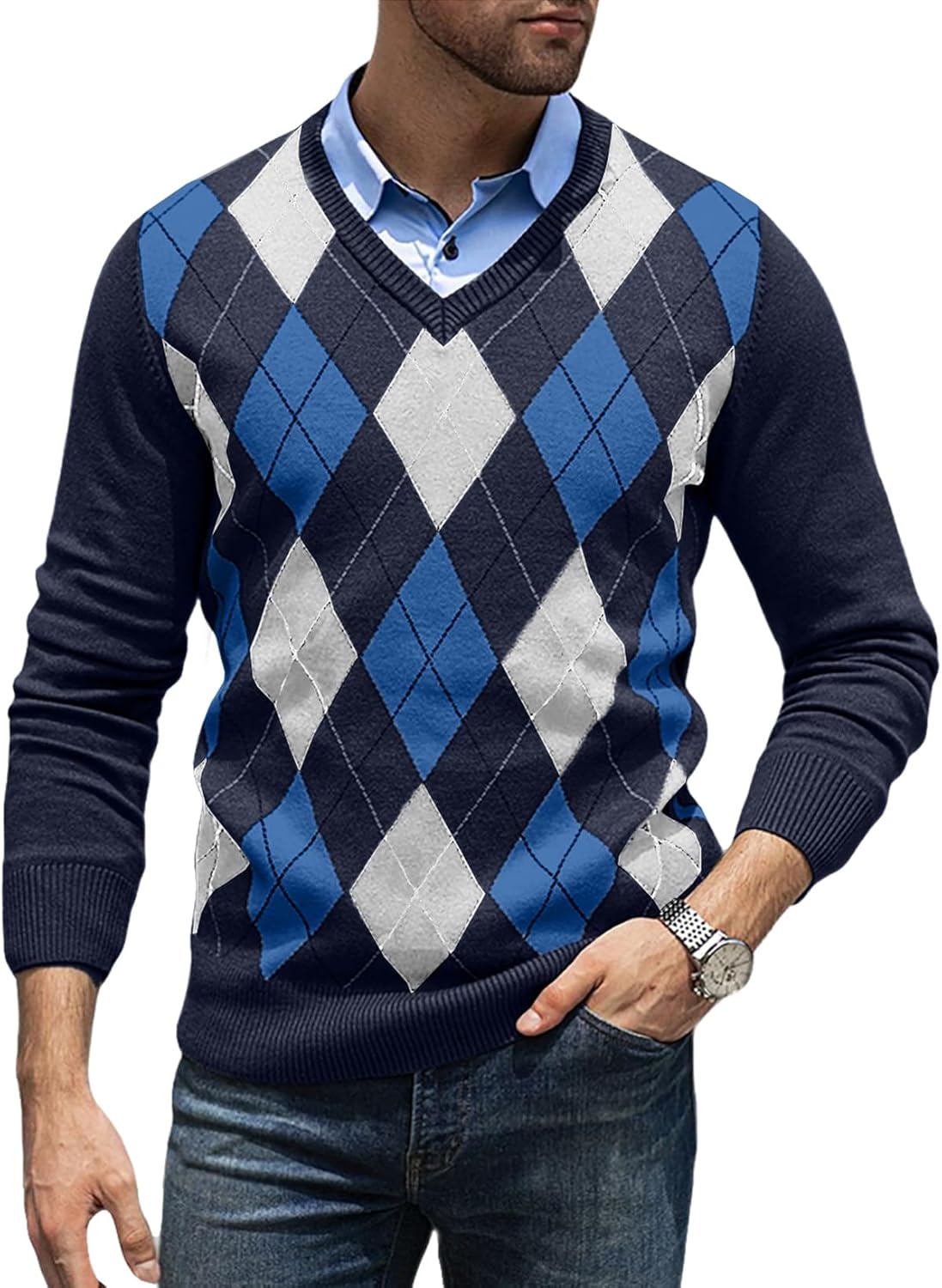Mens Sweaters Casual V Neck Ribbed Knit Slim Fit Long Sleeve Argyle Pullover