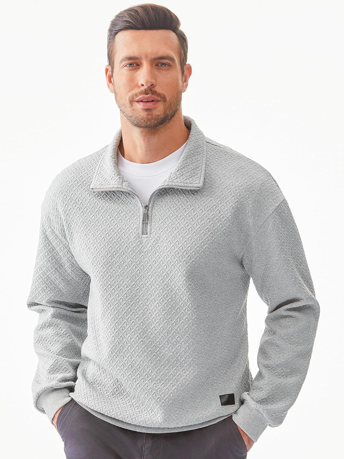 Men's Quarter Zip Waffle Sweatshirts Casual Long Sleeve Solid Color Geometric Texture Pullover Knit Polo Sweatshirt