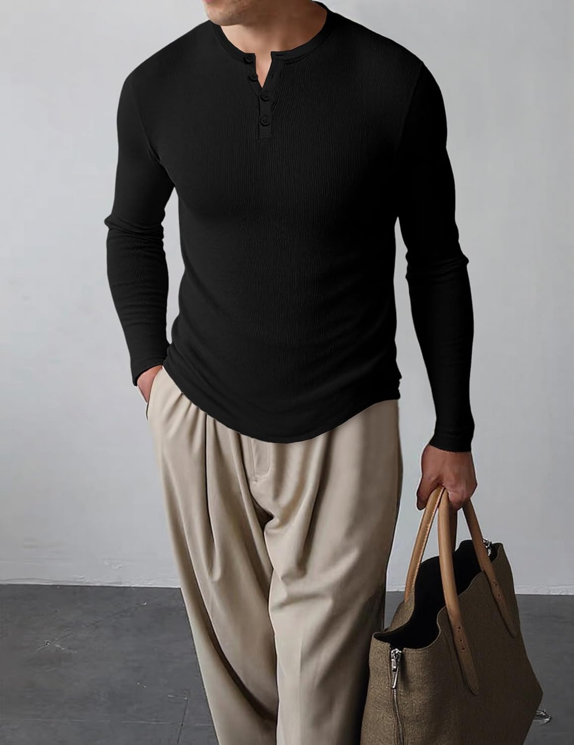 Mens 2025 Fall Fashion Casual Henley Shirt Long Sleeve Slim Fitted Shirts Curved Hem for Athletic Gym Workout