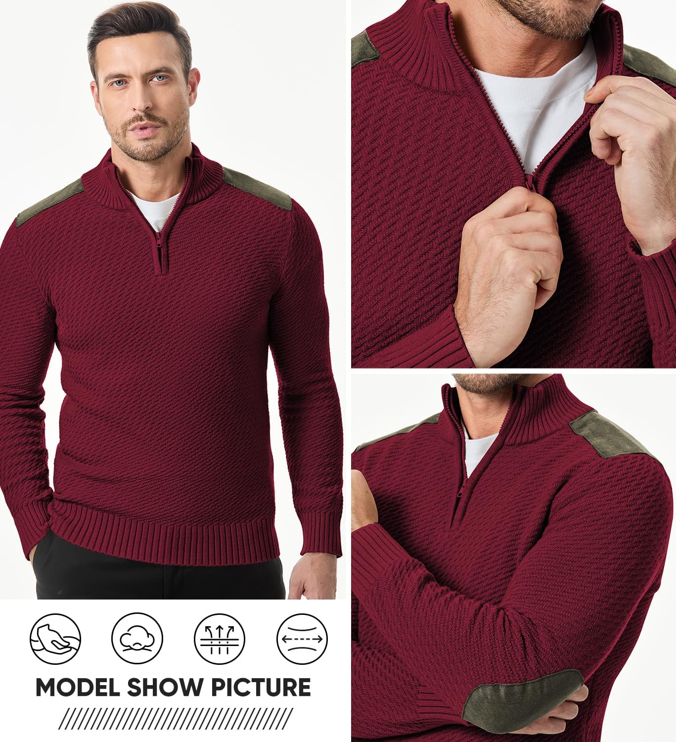Mens Quarter Zip Cable Knit Pullover Sweater Casual Long Sleeve Stand Collar Sweaters