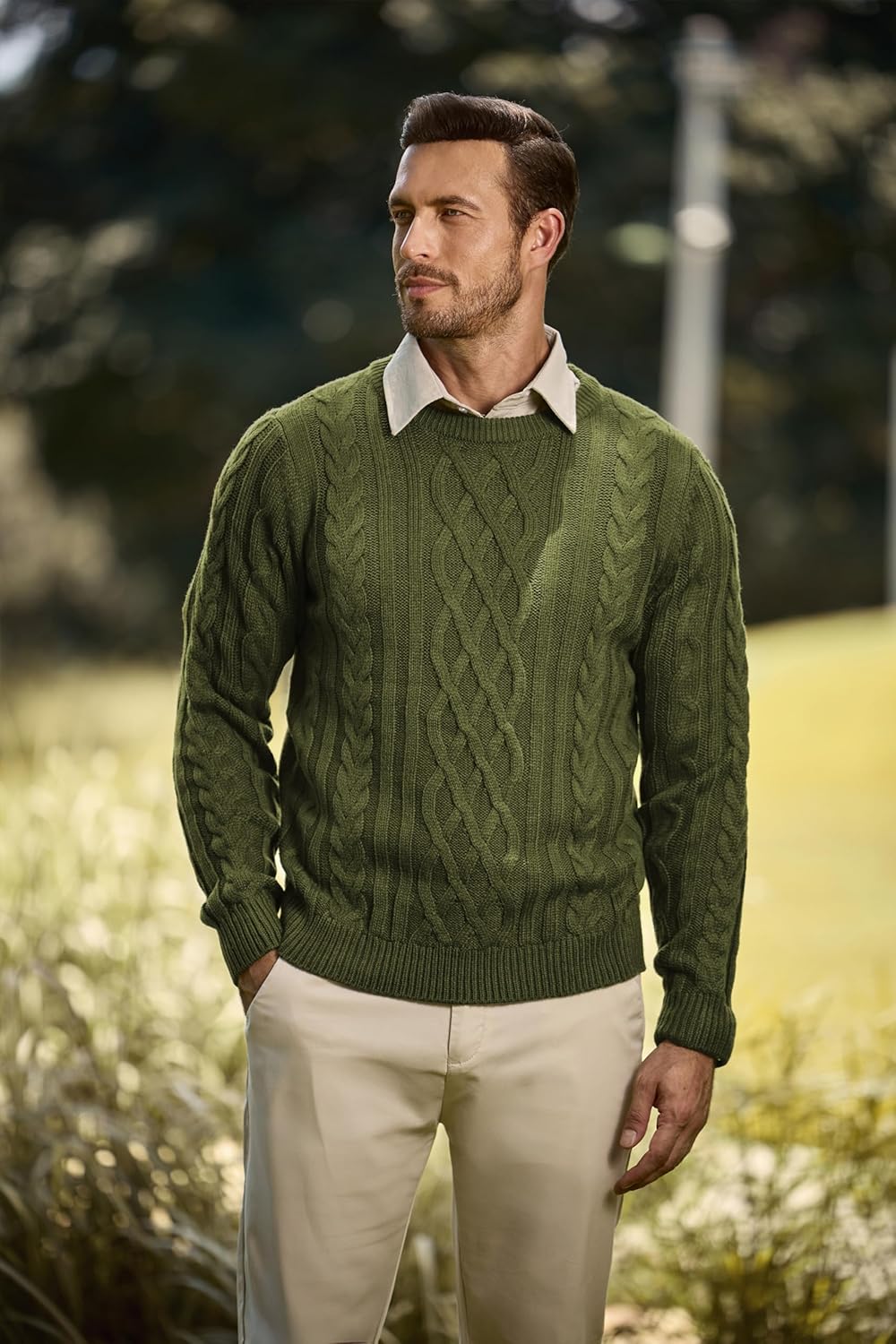 Men's Cable Knit Pullover Sweater Casual Crewneck Long Sleeve Fisherman Knitted Sweaters