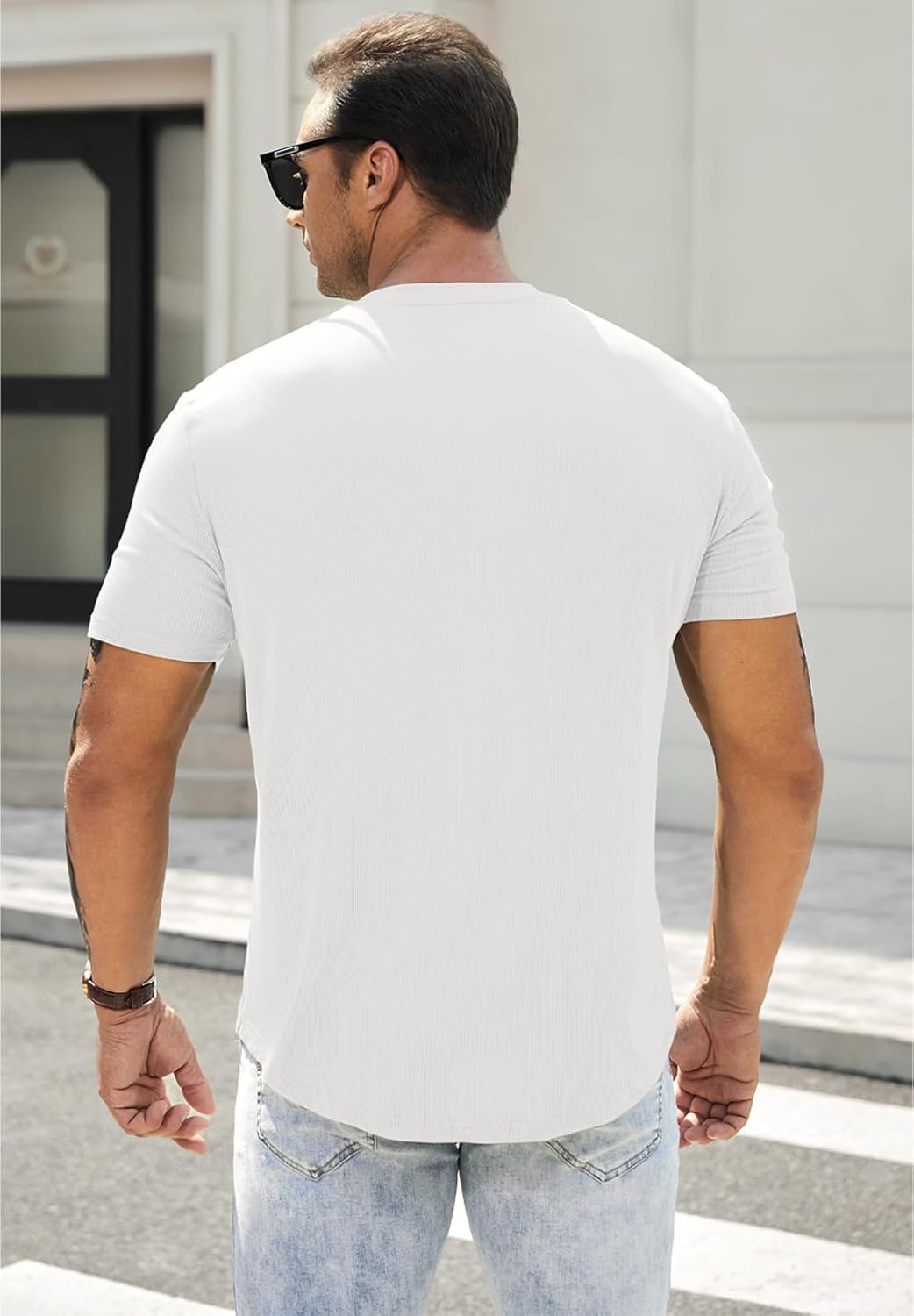 Men's Muscle Slim Henley Shirts Crewneck Longline T-Shirt Gym Workout Athletic Shirt Tees with Button