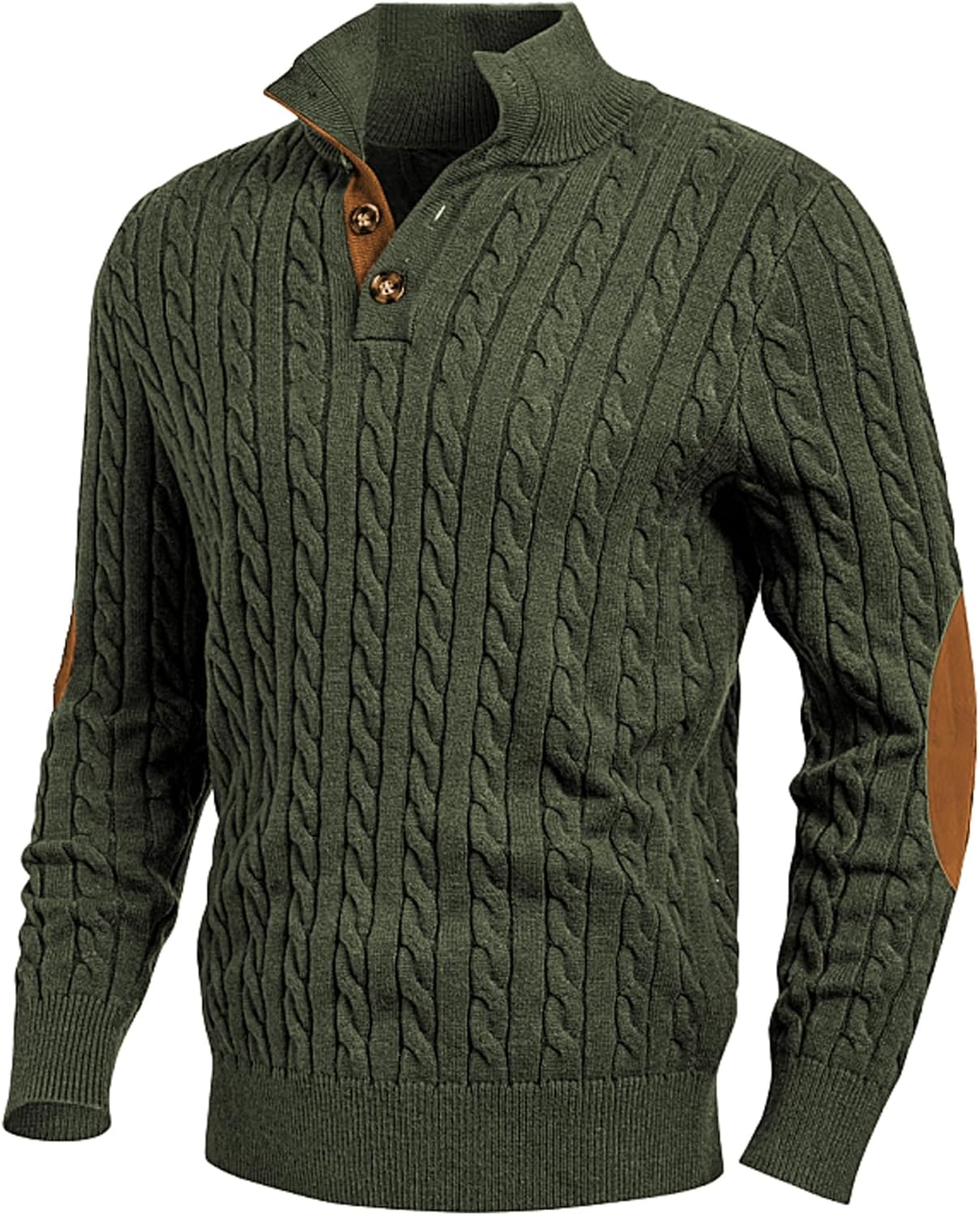 Men's Cable Knit Pullover Sweater Casual Long Sleeve Stand Collar Button Knitted Sweaters