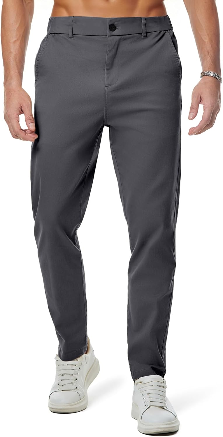 Men's Chino Pants Casual Stretch Waist Tapered Trousers with Pockets
