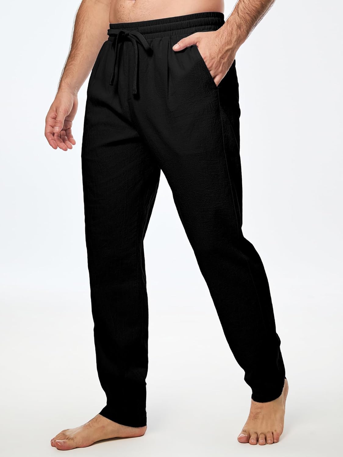 Mens Cotton Pants Casual Elastic Waist Drawstring Lightweight Summer Beach Trousers with Pockets