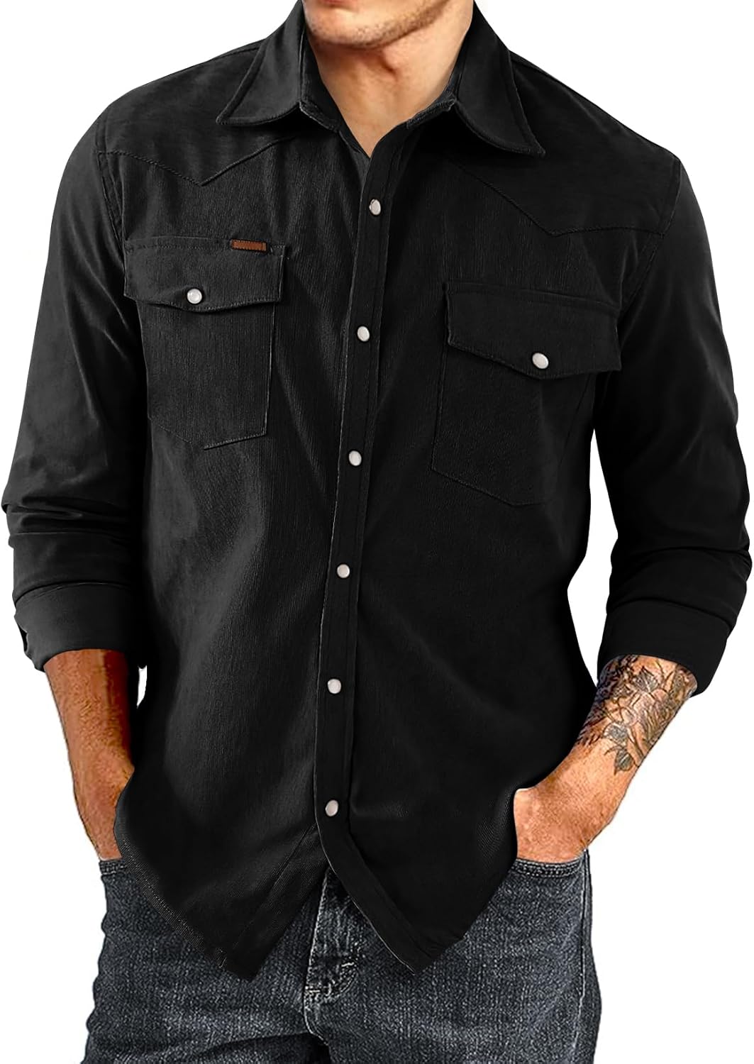 Men's Corduroy Shirts Casual Western Long Sleeve Button Down Shacket Jackets with 2 Flap Pocket