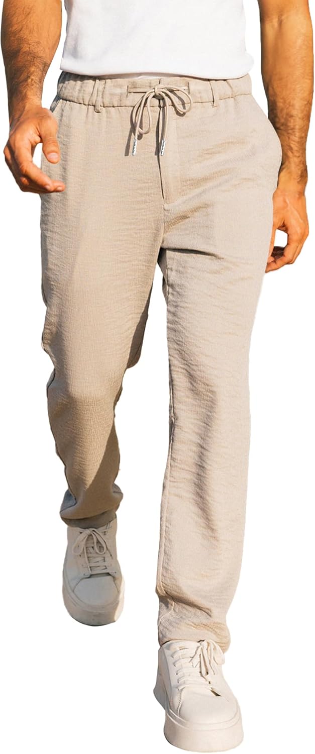 Men's Casual Drawstring Pants Elastic Waist Lightweight Pant Summer Beach Trouser with Pockets
