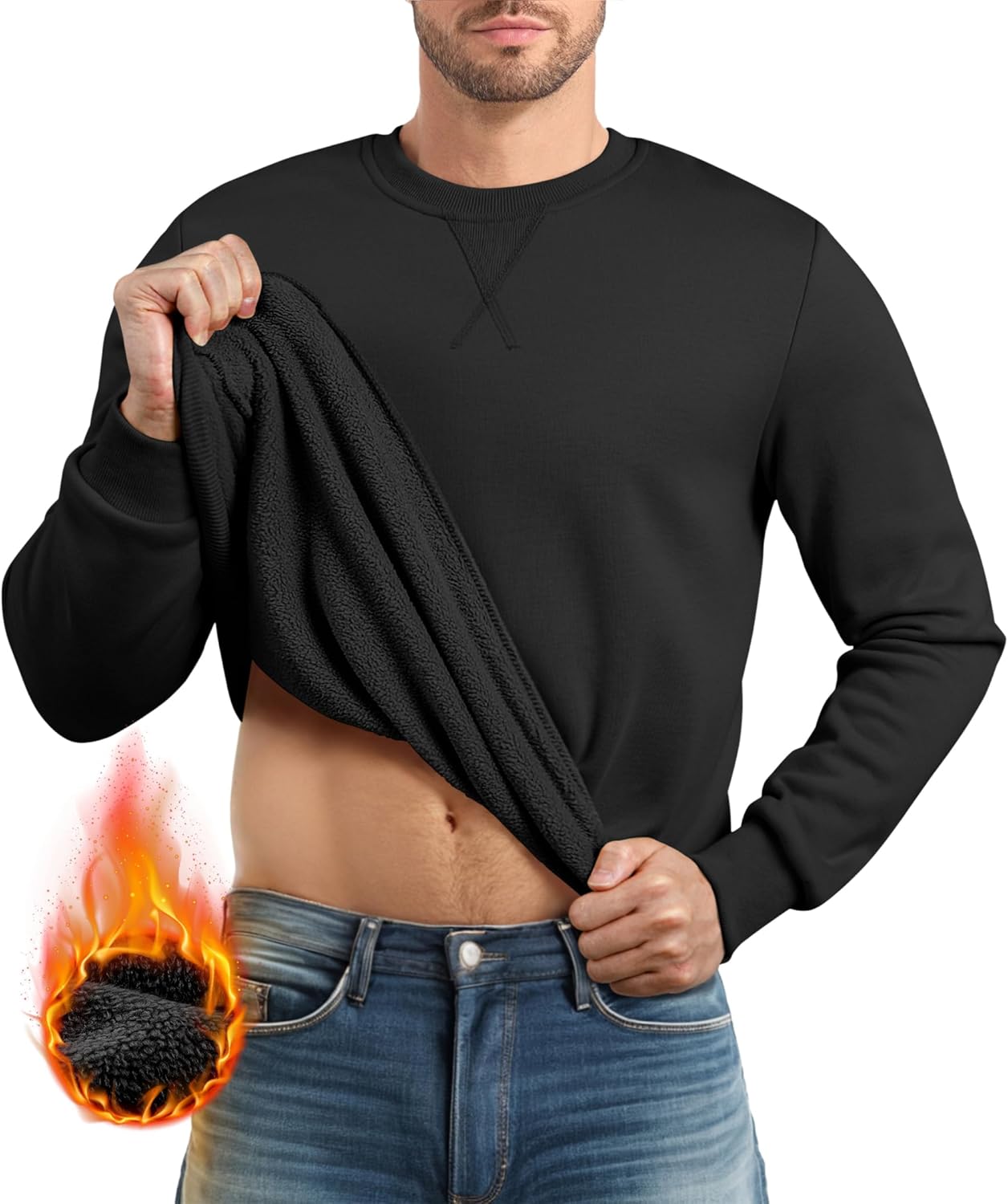 Mens Cotton Sherpa Lined Sweatshirts Casual Fleece Long Sleeve Crewneck Fall Winter Pullover Shirts