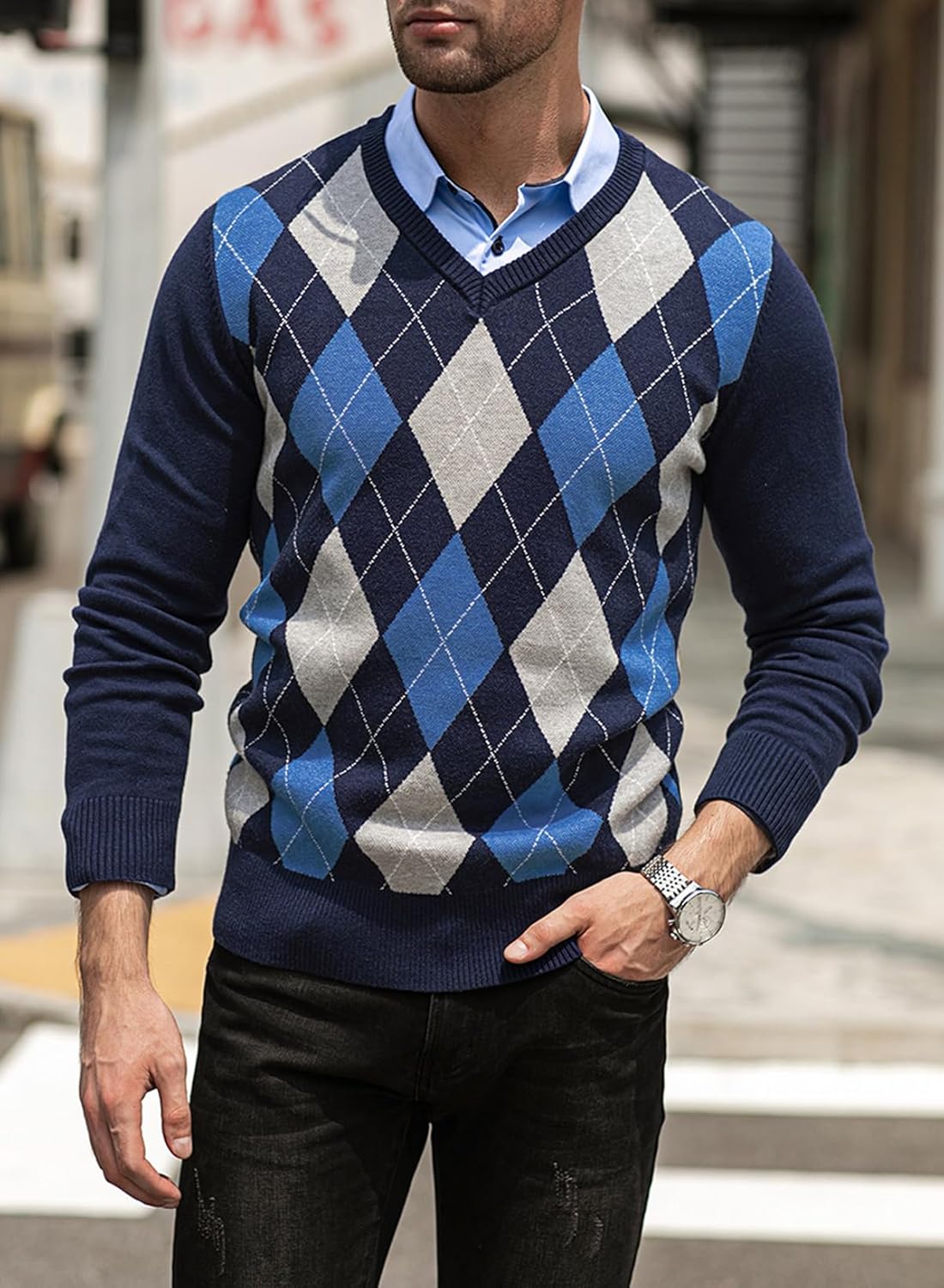 Mens Sweaters Casual V Neck Ribbed Knit Slim Fit Long Sleeve Argyle Pullover