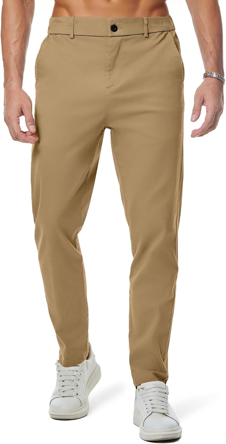 Men's Chino Pants Casual Stretch Waist Tapered Trousers with Pockets