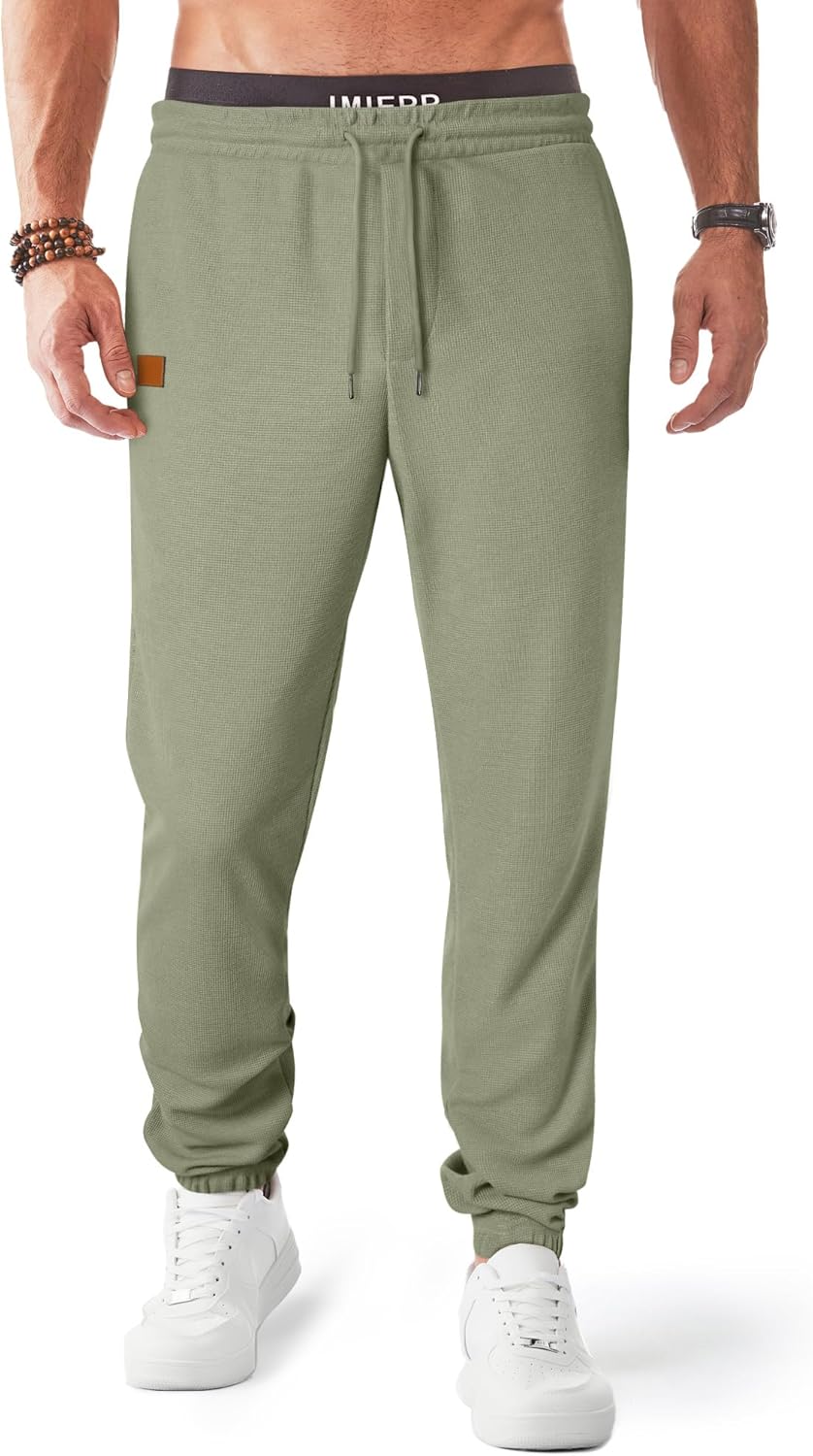 Men's Waffle Sweatpants Stretch Waist Drawstring Casual Tapered Joggers Gym Pants with Pockets