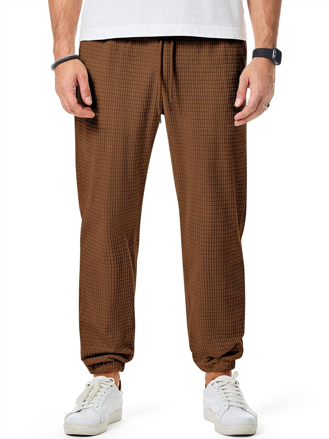 Mens Casual Pants Waffle Textured Drawstring Stretch Elastic Waist Tapered Joggers with Pockets
