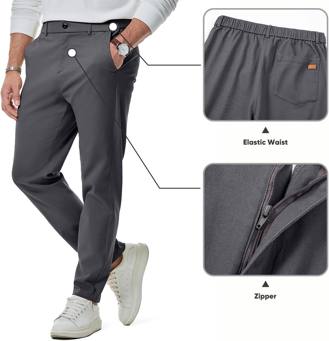 Men's Chino Pants Casual Stretch Waist Tapered Trousers with Pockets