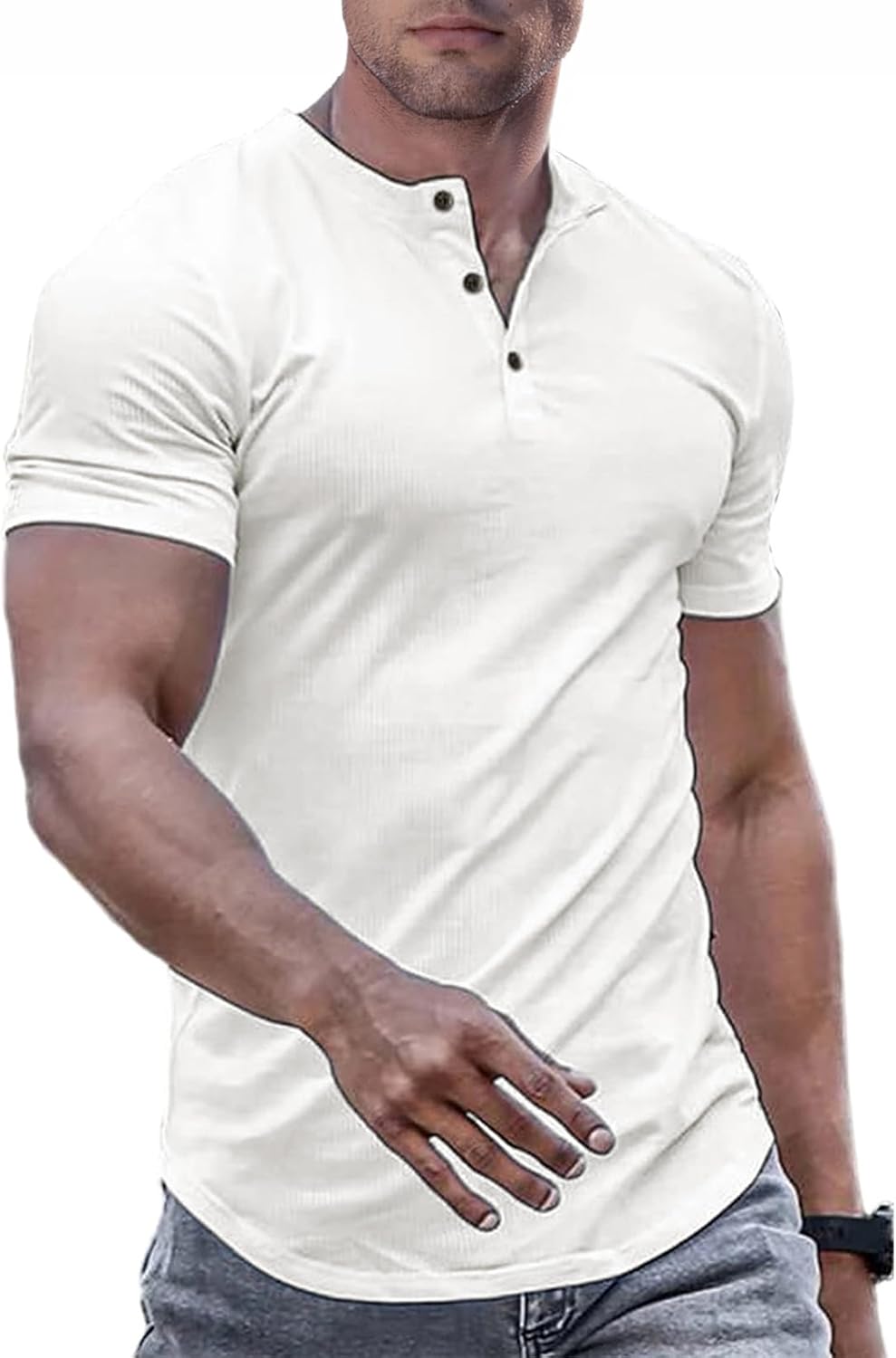 Men's Muscle Slim Henley Shirts Crewneck Longline T-Shirt Gym Workout Athletic Shirt Tees with Button
