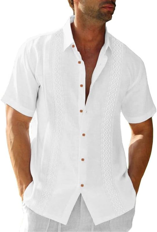 Mens Cotton Linen Shirts Casual Button Up Short Sleeve Summer Beach Shirt