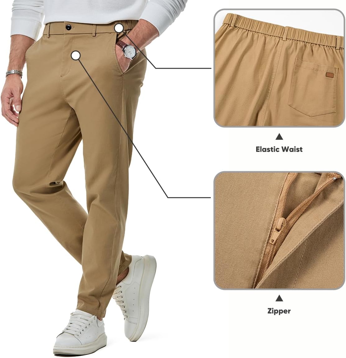 Men's Chino Pants Casual Stretch Waist Tapered Trousers with Pockets