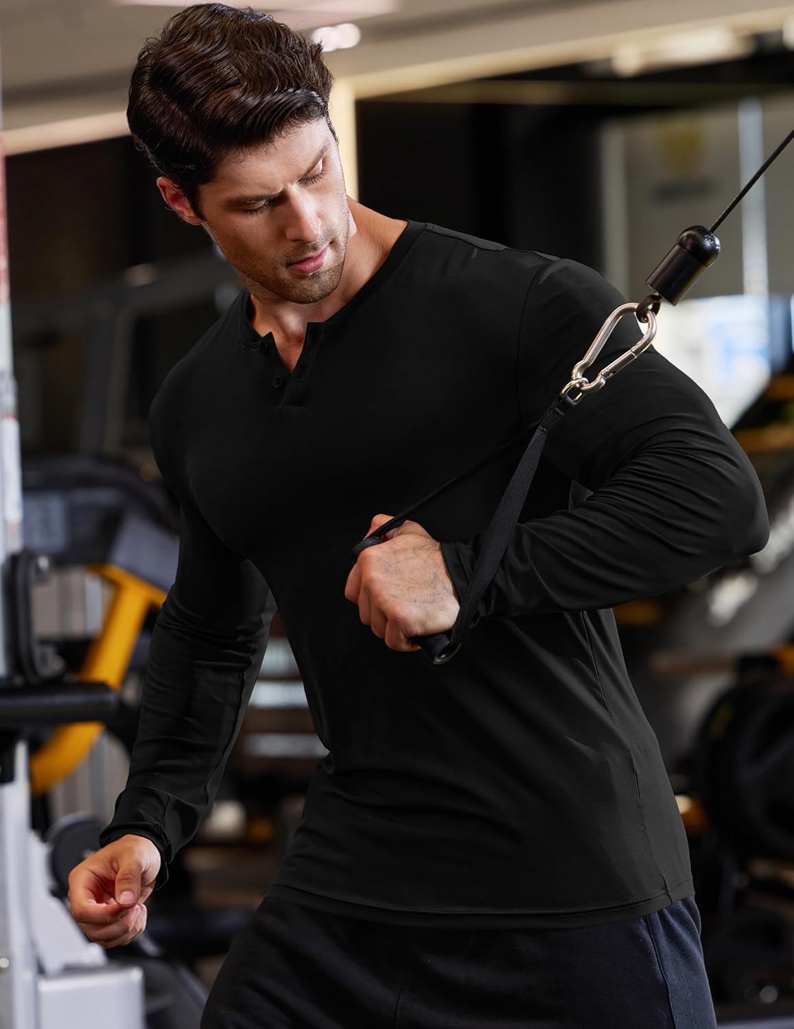 Mens Muscle Slim Henley Shirt Button V-Neck Long Sleeve Gym Workout Athletic T Shirts