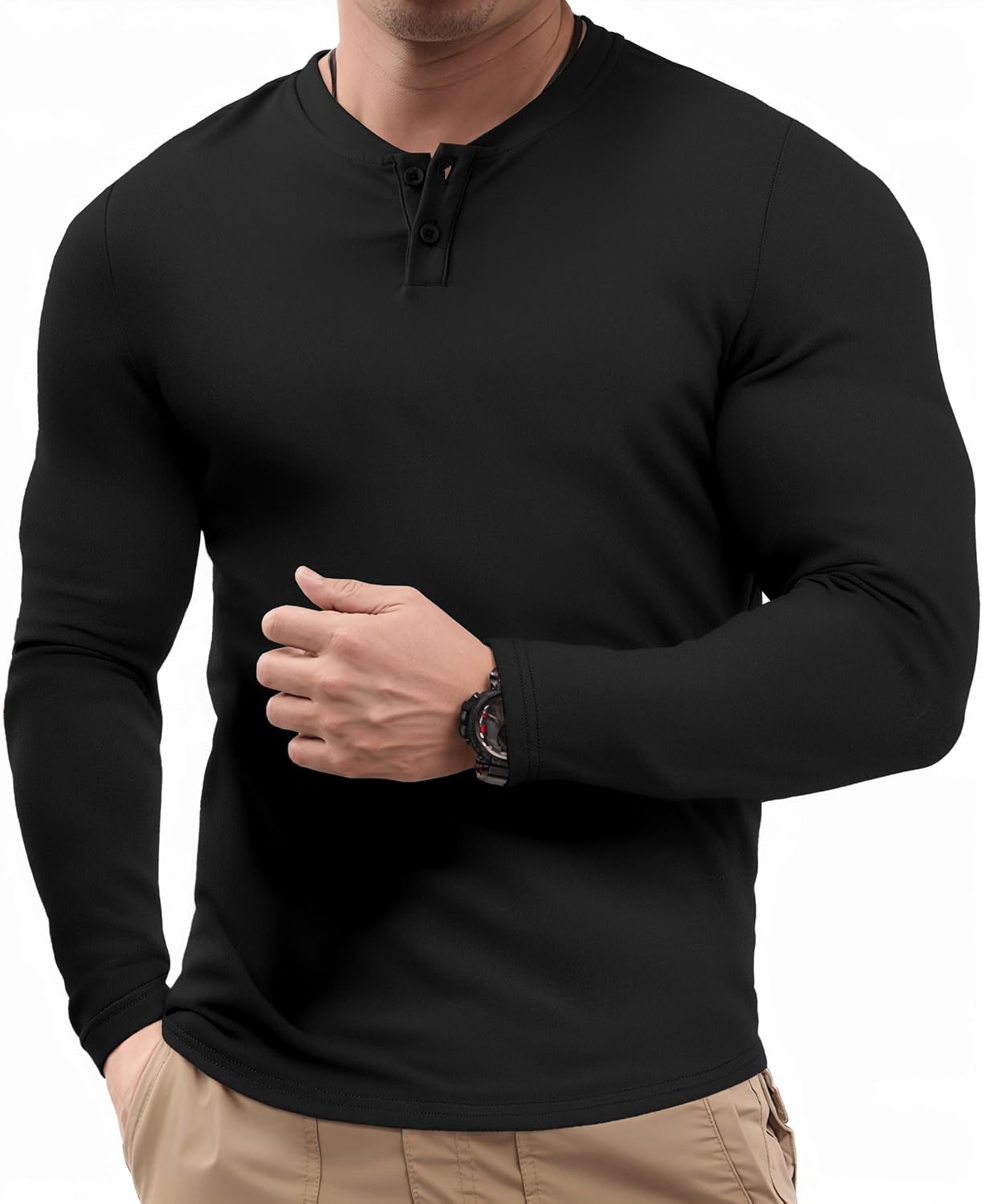 Mens Muscle Slim Henley Shirt Button V-Neck Long Sleeve Gym Workout Athletic T Shirts