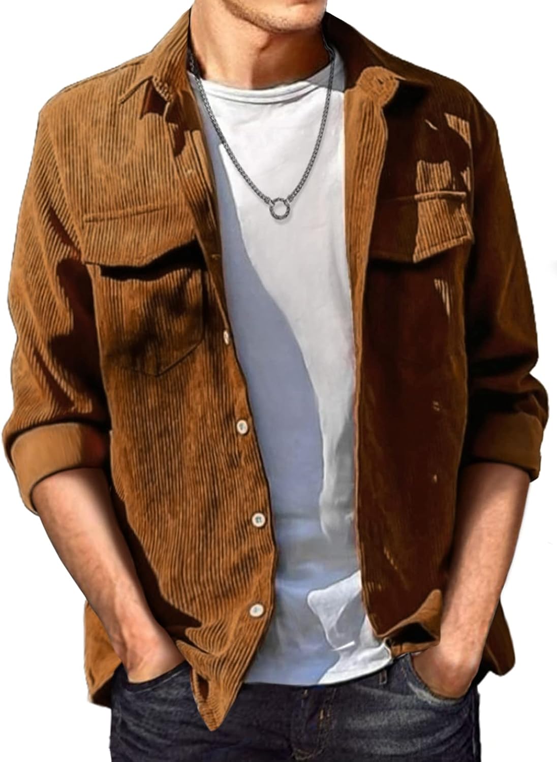 Men's Corduroy Button Down Shirts Casual Long Sleeve Shacket Jacket with Flap Pockets