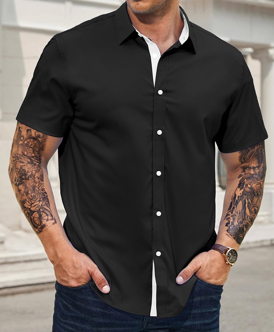 Men's Casual Button Down Shirts Wrinkle-Free Short Sleeve Business Dress Shirt