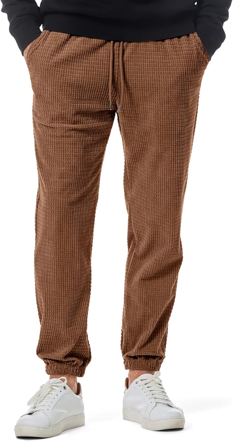 Mens Casual Pants Waffle Textured Drawstring Stretch Elastic Waist Tapered Joggers with Pockets