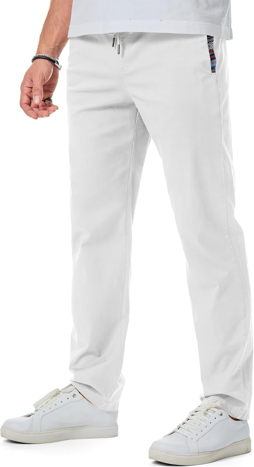 Men's Casual Pants Cotton Twill Drawstring Elastic Waist Chino Pants with Pockets