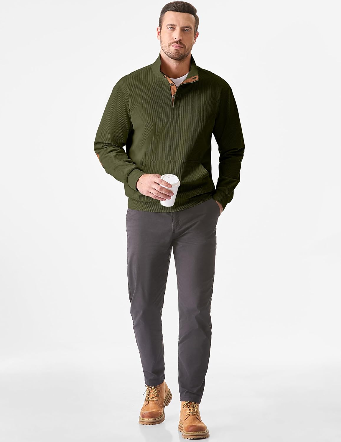 Mens Warm Corduroy Sweatshirt Casual Stand Collar Quarter Fall Metal Button Pullover Sweaters Long Sleeve with Pockets