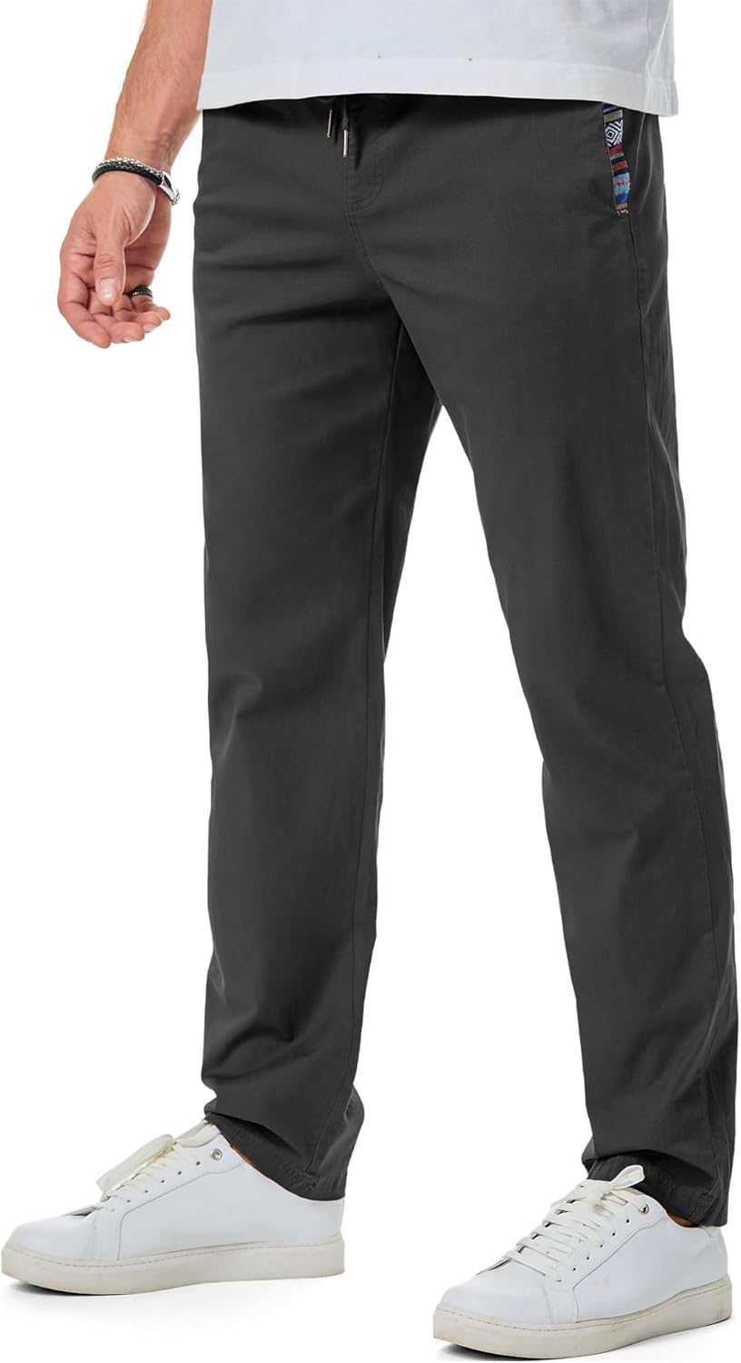 Men's Casual Pants Cotton Twill Drawstring Elastic Waist Chino Pants with Pockets