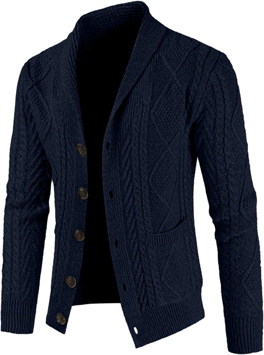 Men's Casual Wool Blend Long Sleeve Shawl Collar Buttons Down Cable Knit Cardigan Sweater