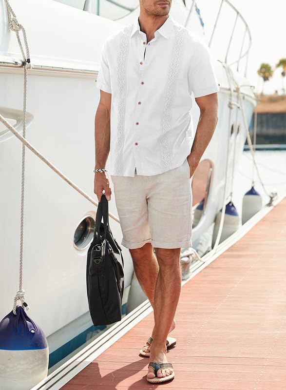 Mens Cotton Linen Shirts Casual Button Up Short Sleeve Summer Beach Shirt
