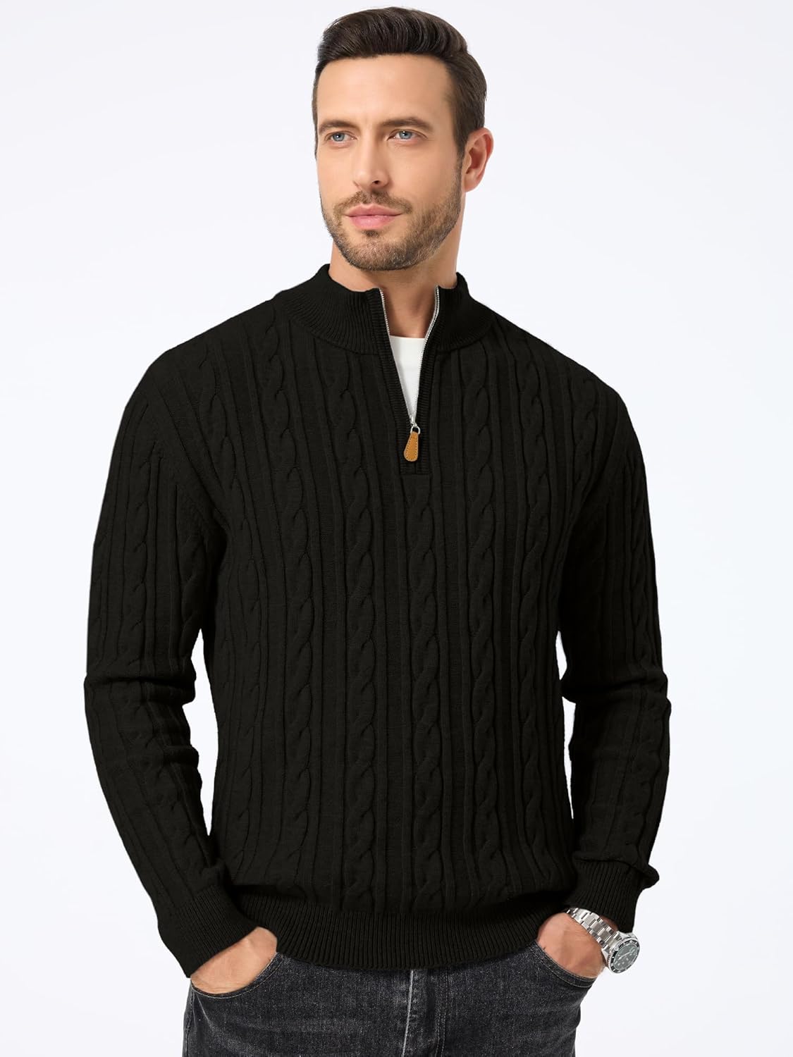 Men's Quarter Zip Pullover Sweater Cable Knit Casual Stand Collar Texture Knitted Sweaters