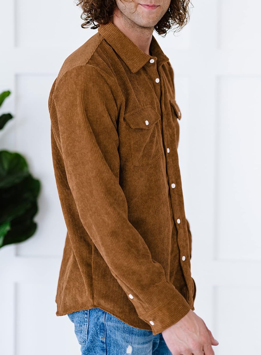 Men's Corduroy Button Down Shirts Casual Long Sleeve Shacket Jacket with Flap Pockets