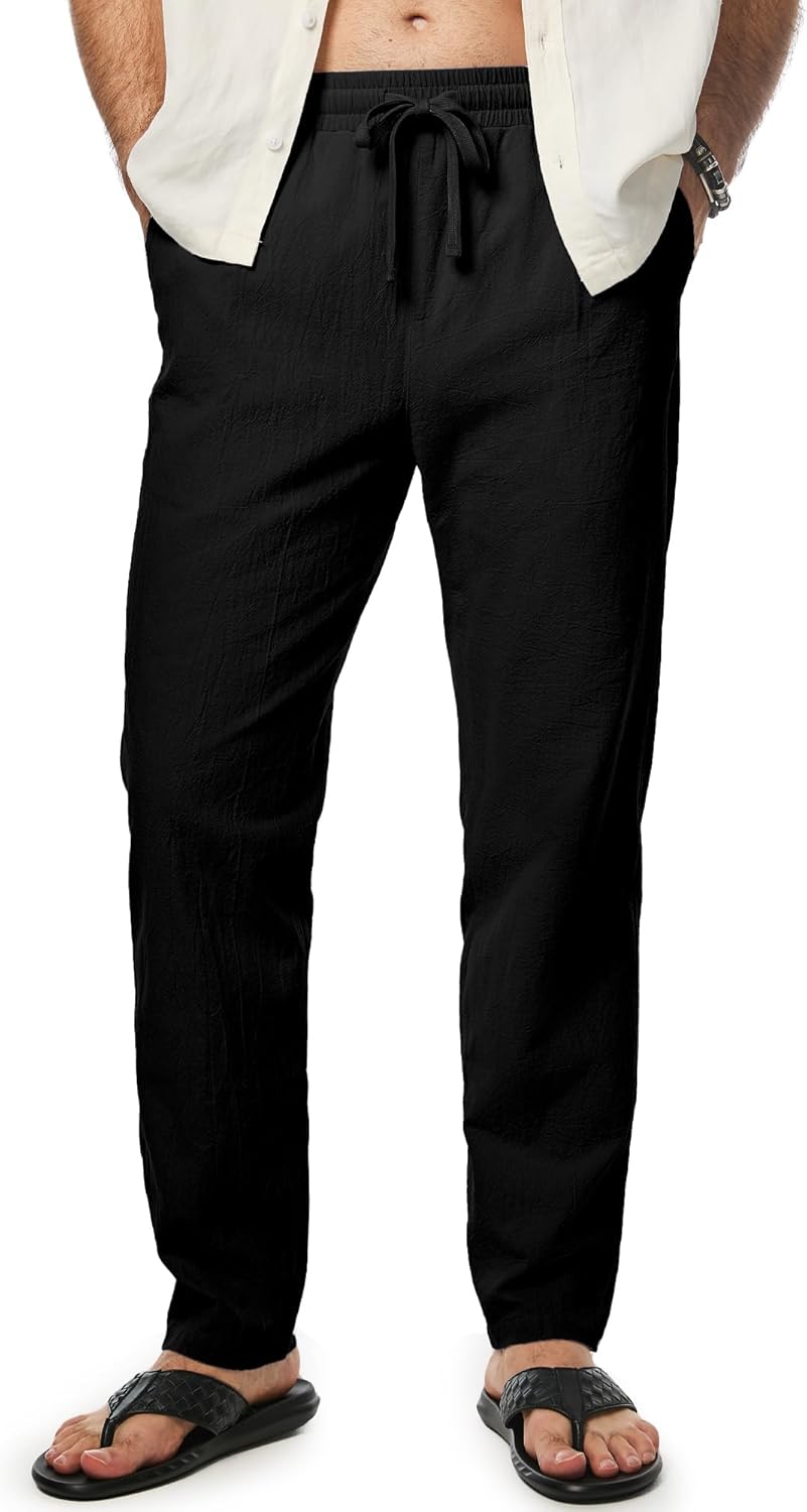 Mens Cotton Pants Casual Elastic Waist Drawstring Lightweight Summer Beach Trousers with Pockets